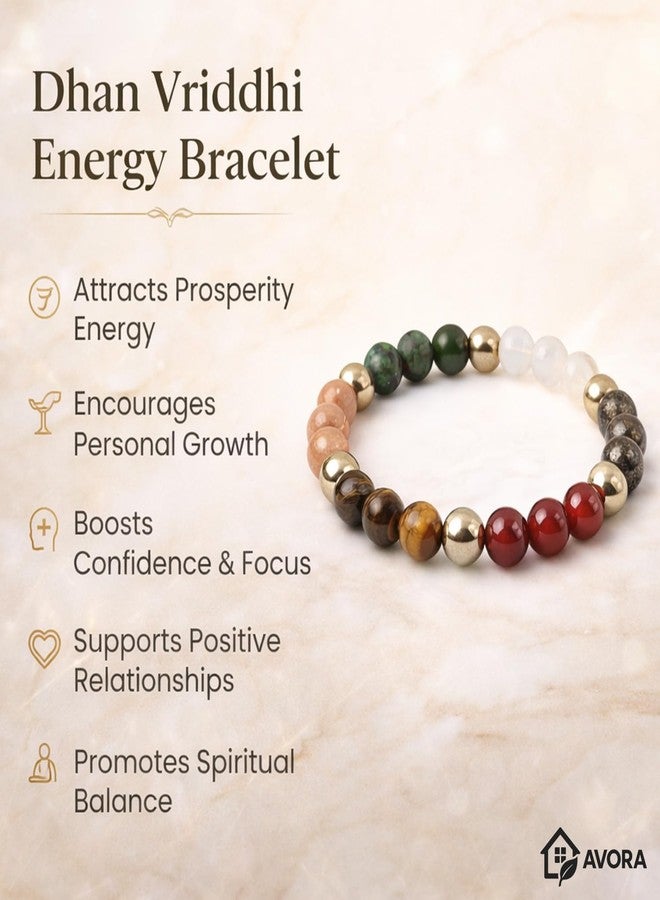 AVORA Dhan Vriddhi Bracelet for Men & Women | Pyrite, Jade, Sunstone, Quartz, Red Carnelian & Tiger Eye Beaded Crystal Bracelet for Prosperity, Growth & Spiritual Jewellery - Image 3