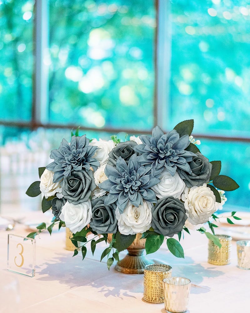 FACINOC Roses Artificial Flowers Blue Fake Flower Bulk for DIY Wedding Bouquets Bridal Baby Shower Centerpiece Table Decorations Silk Faux Floral Arrangements for Party Home Decor Indoor Dusty Blue - Image 5