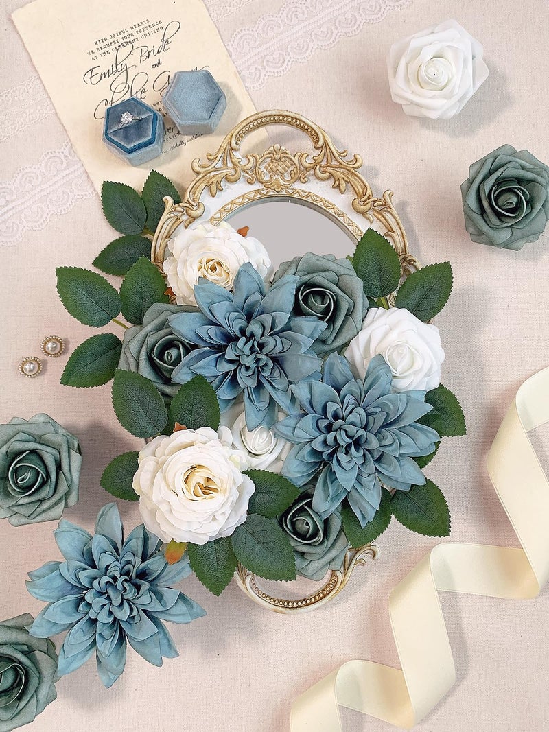 FACINOC Roses Artificial Flowers Blue Fake Flower Bulk for DIY Wedding Bouquets Bridal Baby Shower Centerpiece Table Decorations Silk Faux Floral Arrangements for Party Home Decor Indoor Dusty Blue - Image 3