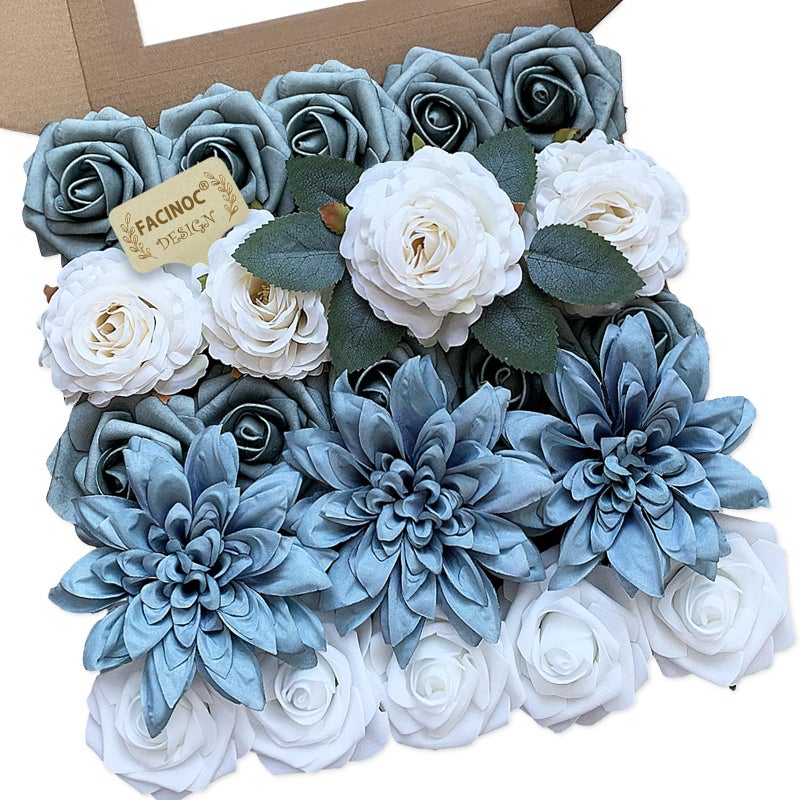 FACINOC Roses Artificial Flowers Blue Fake Flower Bulk for DIY Wedding Bouquets Bridal Baby Shower Centerpiece Table Decorations Silk Faux Floral Arrangements for Party Home Decor Indoor Dusty Blue - Image 1