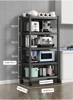 Rewell Metal Storage Rack, 5-Layer Shelf Unit, Kitchen Rack, Floor-Standing Multi-layer Microwave Oven Rack, Punch-Free Household Storage Carbon Steel Storage Rack with Pulleys, Black  - Image 4