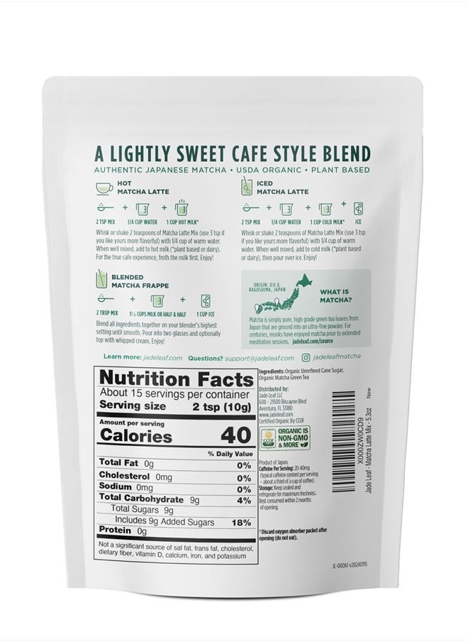 Organic Café Style Sweetened Matcha Latte Premium Barista Crafted Mix - Original - Authentically Japanese (5.3 Ounce Pouch)