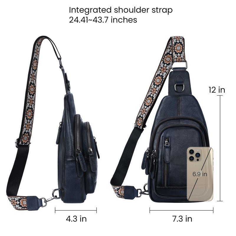 HESHE Leather Sling Bag for Women Crossbody Bags with Multi-Pocket Stylish Fanny Packs for Travel Chest Bag (Navy Blue) - Image 4