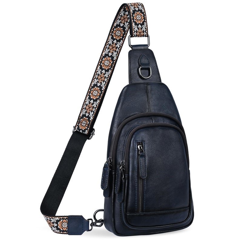 HESHE Leather Sling Bag for Women Crossbody Bags with Multi-Pocket Stylish Fanny Packs for Travel Chest Bag (Navy Blue) - Image 1