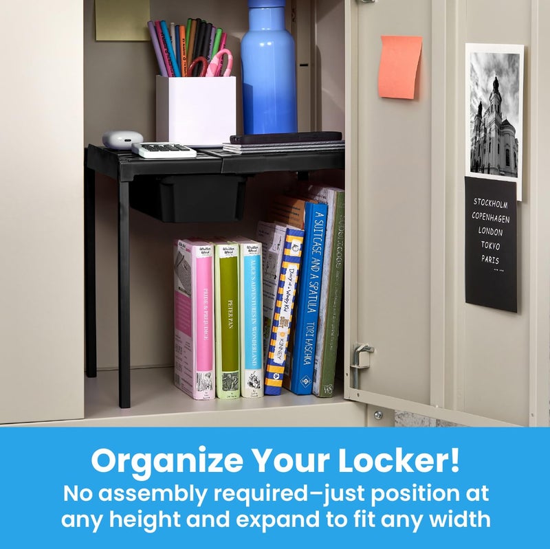 LockerMate Adjust-A-Shelf Locker Shelf & Organizer, Extends to Fit Your Locker, Includes Storage Drawer, Black - Image 2