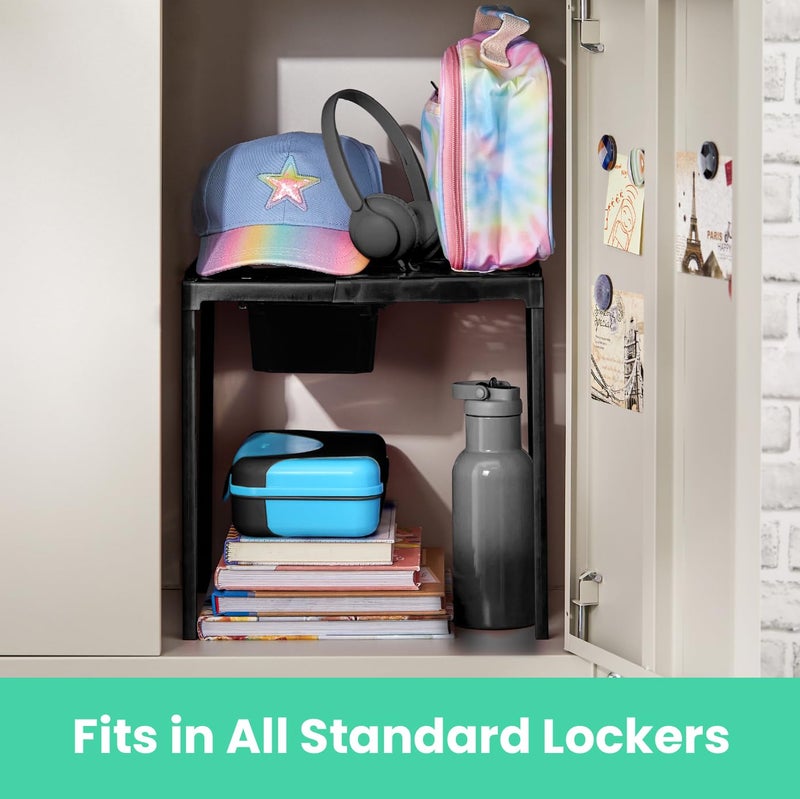 LockerMate Adjust-A-Shelf Locker Shelf & Organizer, Extends to Fit Your Locker, Includes Storage Drawer, Black - Image 3