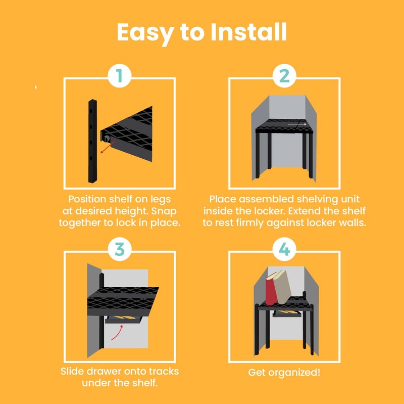 LockerMate Adjust-A-Shelf Locker Shelf & Organizer, Extends to Fit Your Locker, Includes Storage Drawer, Black - Image 5