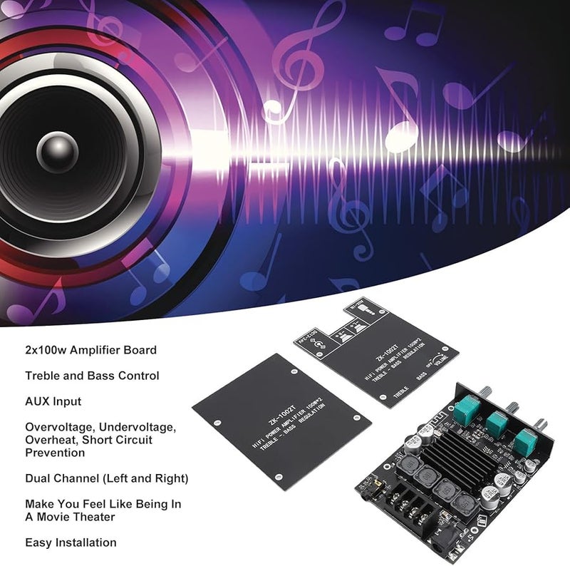100W 2 Channel Stereo Amplifier Board with BT 5.0 AUX Bass Treble Control DC 12 24V - Image 1