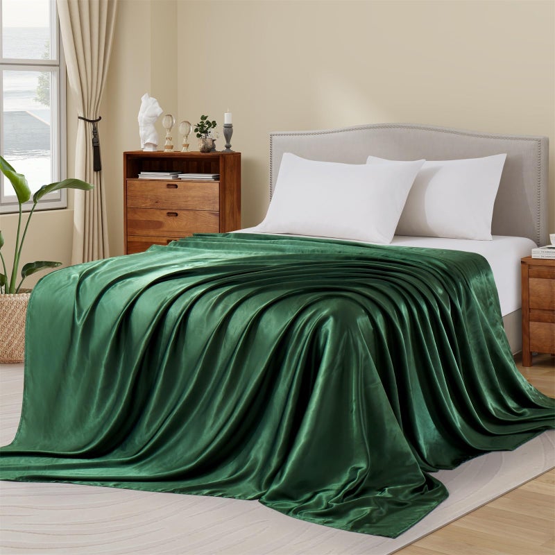 Ersmak Satin Flat Sheet Only  Single Flat Sheet Queen  Luxury & Ultra Soft Silky Bedding Top Sheet for Queen Mattress - Emerald Green - Image 2