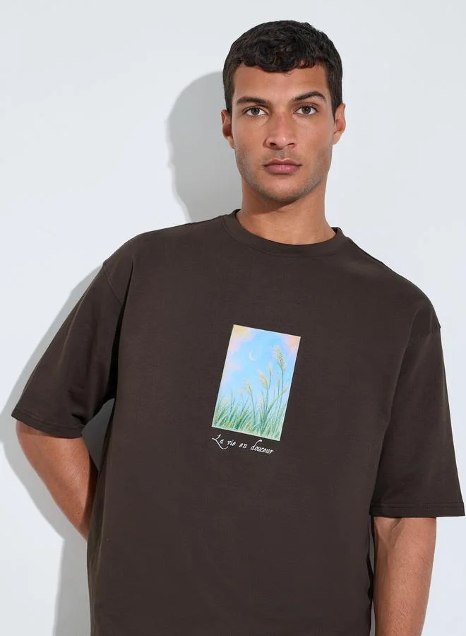 Styli Men Brown Oversized Digital Print Cotton Terry T-Shirt