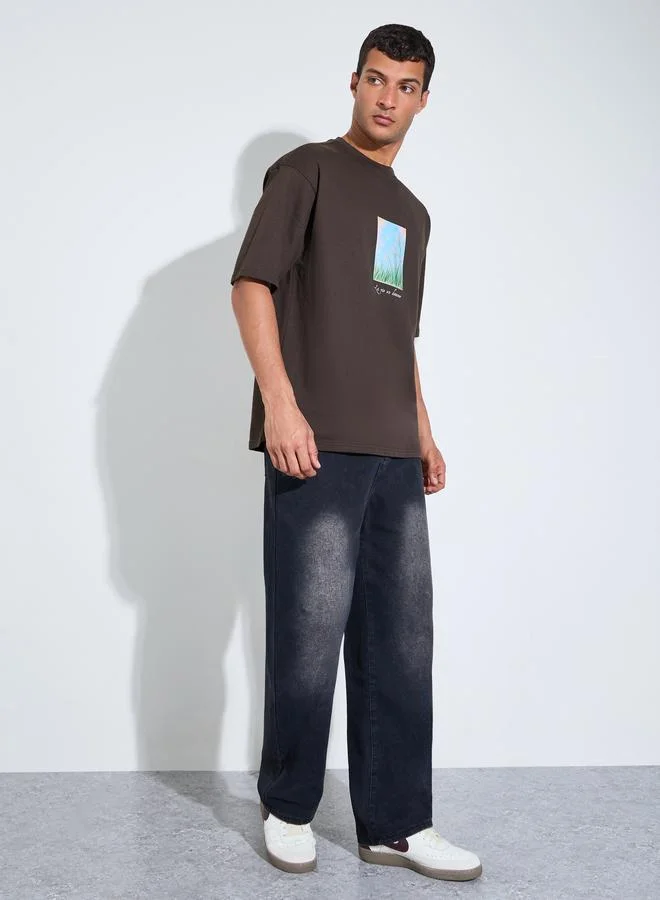 Styli Men Brown Oversized Digital Print Cotton Terry T-Shirt