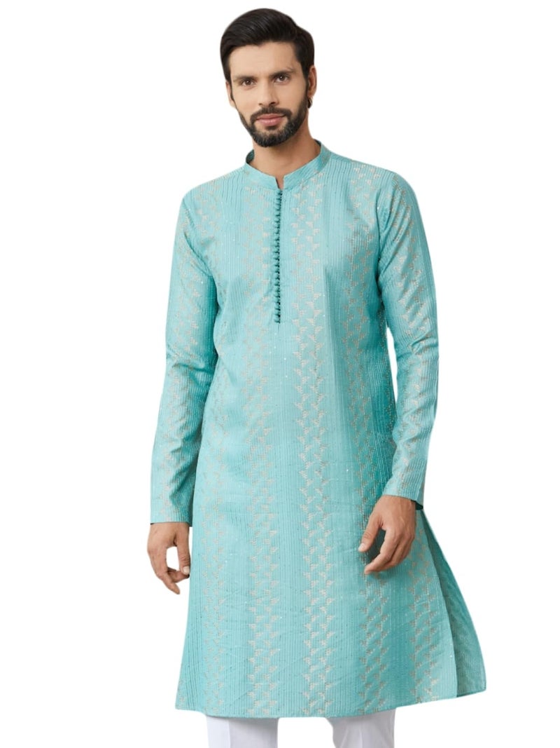 See Designs Men's Long Sleeve Mandarin Collar Side Slit Ice Green Embroidered Thread Work Sequinned Chanderi Silk Straight Kurta - SDKT2516M - Image 1
