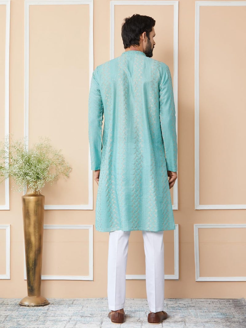 See Designs Men's Long Sleeve Mandarin Collar Side Slit Ice Green Embroidered Thread Work Sequinned Chanderi Silk Straight Kurta - SDKT2516M - Image 3