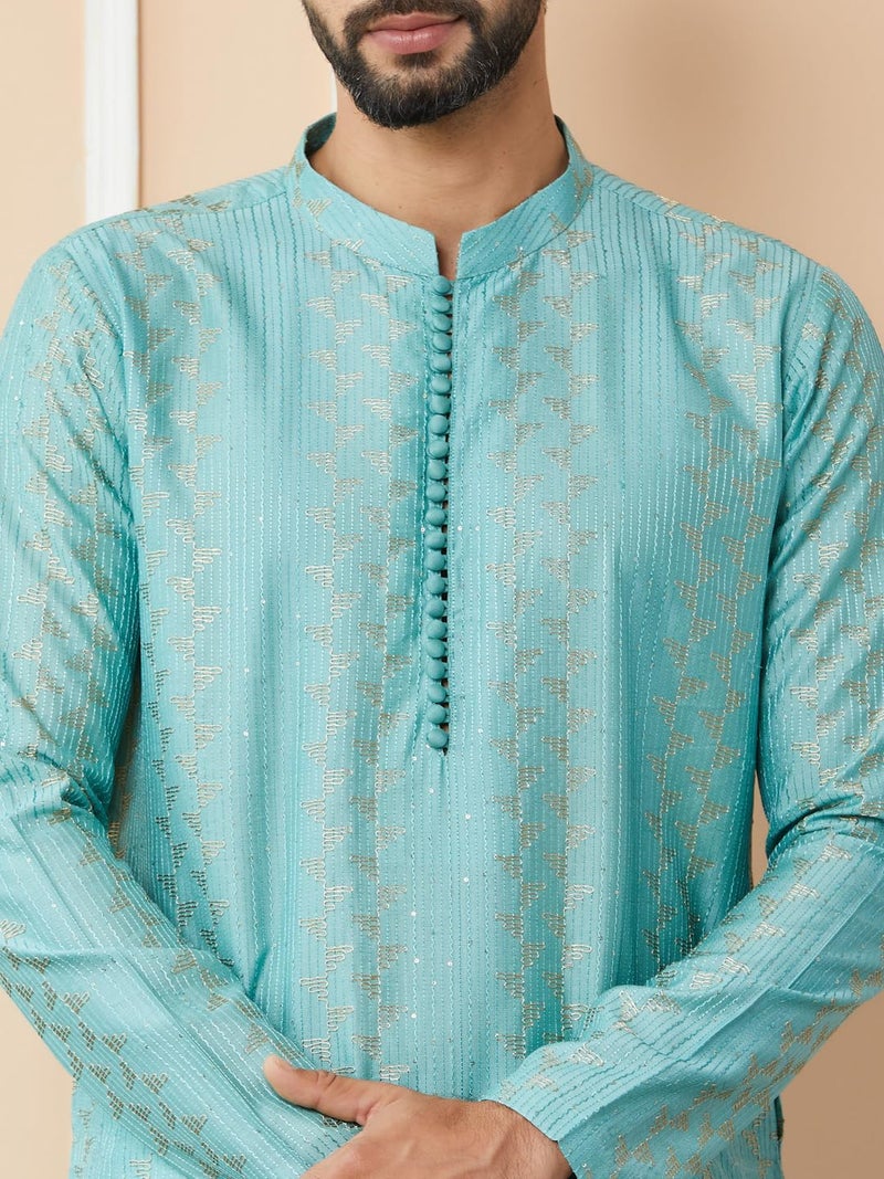 See Designs Men's Long Sleeve Mandarin Collar Side Slit Ice Green Embroidered Thread Work Sequinned Chanderi Silk Straight Kurta - SDKT2516M - Image 4