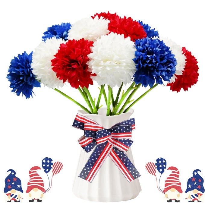 12 PCS ARTIFICIAL FLOWER PATRIOTIC MEMORIAL BOUQUET RED WHITE AND BLUE FAUX BALL CHRYSANTHEMUM BOUQUET 4TH OF JULY FLOWERS SILK FLOWERS ARRANGEMENT FOR HOME PARTY CENTERPIECE VASE DECOR
