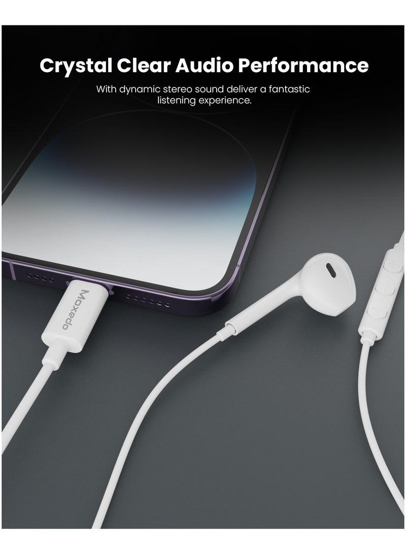 Moxedo Moxedo Mono Stereo Earphone Lightning Connector Earphone In-Line Remote, Built-in Microphone Compatible for iPhone 14/13/12/11 Pro Max/X/XS Max/XR - White  - Image 4