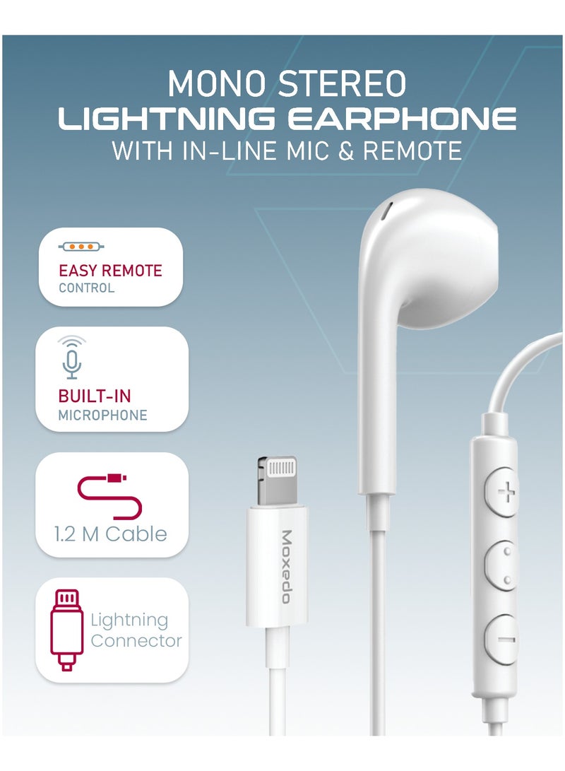 Moxedo Moxedo Mono Stereo Earphone Lightning Connector Earphone In-Line Remote, Built-in Microphone Compatible for iPhone 14/13/12/11 Pro Max/X/XS Max/XR - White  - Image 5
