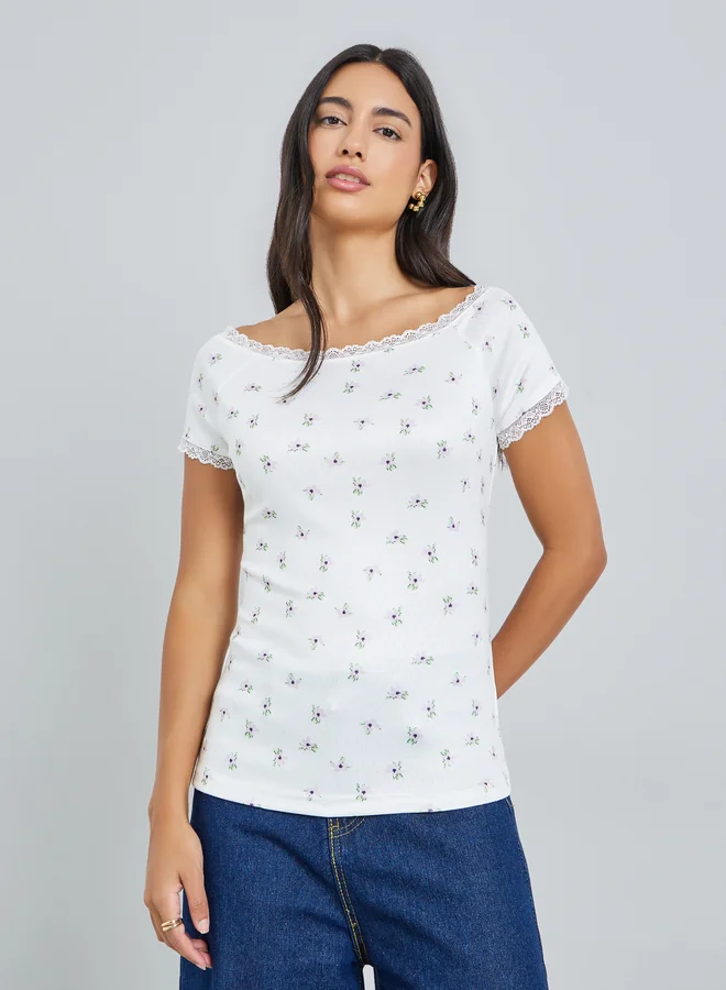 Styli Pointelle Boat Neck Lace Trim T-Shirt