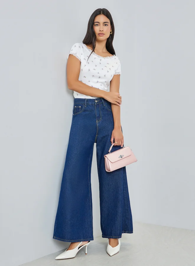 Styli Pointelle Boat Neck Lace Trim T-Shirt