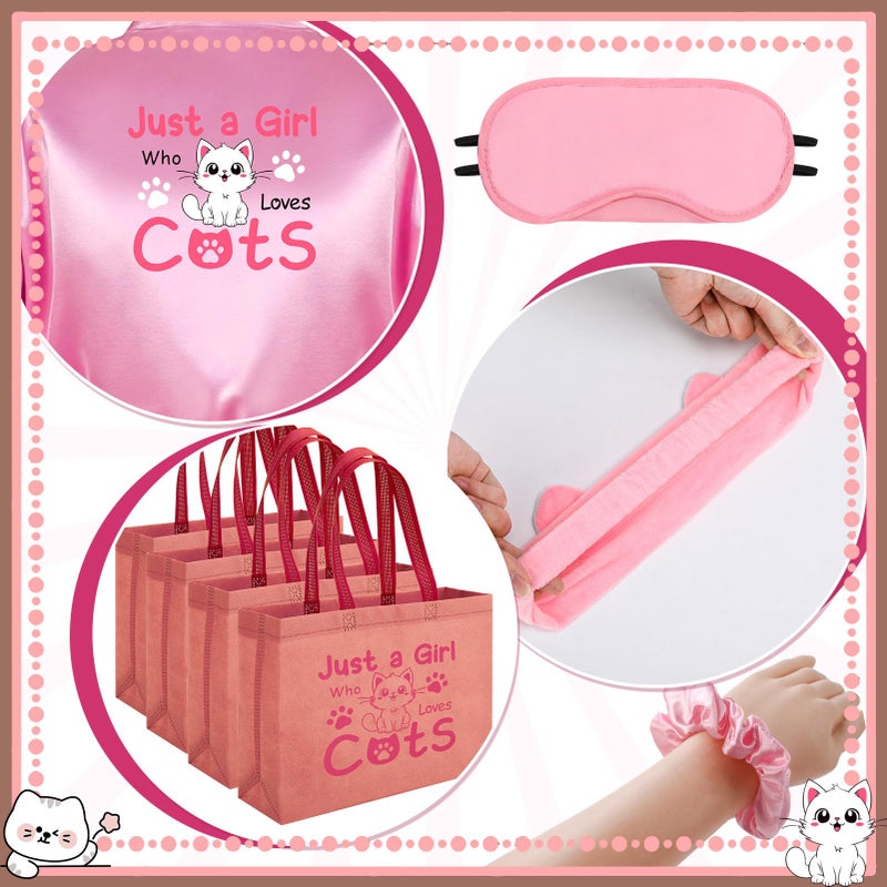 ZhouBoat Cats Lover Girls Spa Party Supplies, 8 Set Kids Pink Satin Robes, Plush Headbands, Tote Bags, Eye Masks Hair Scrunchies, Dress Up Birthday Party Favors Loves Cat Themed Celebration Decor - Image 4