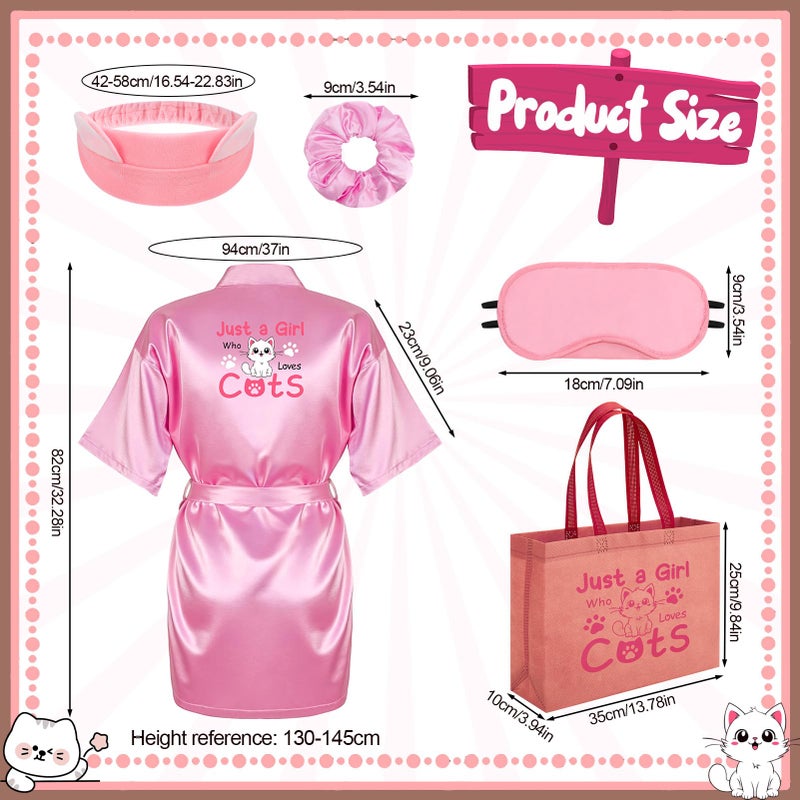 ZhouBoat Cats Lover Girls Spa Party Supplies, 8 Set Kids Pink Satin Robes, Plush Headbands, Tote Bags, Eye Masks Hair Scrunchies, Dress Up Birthday Party Favors Loves Cat Themed Celebration Decor - Image 3