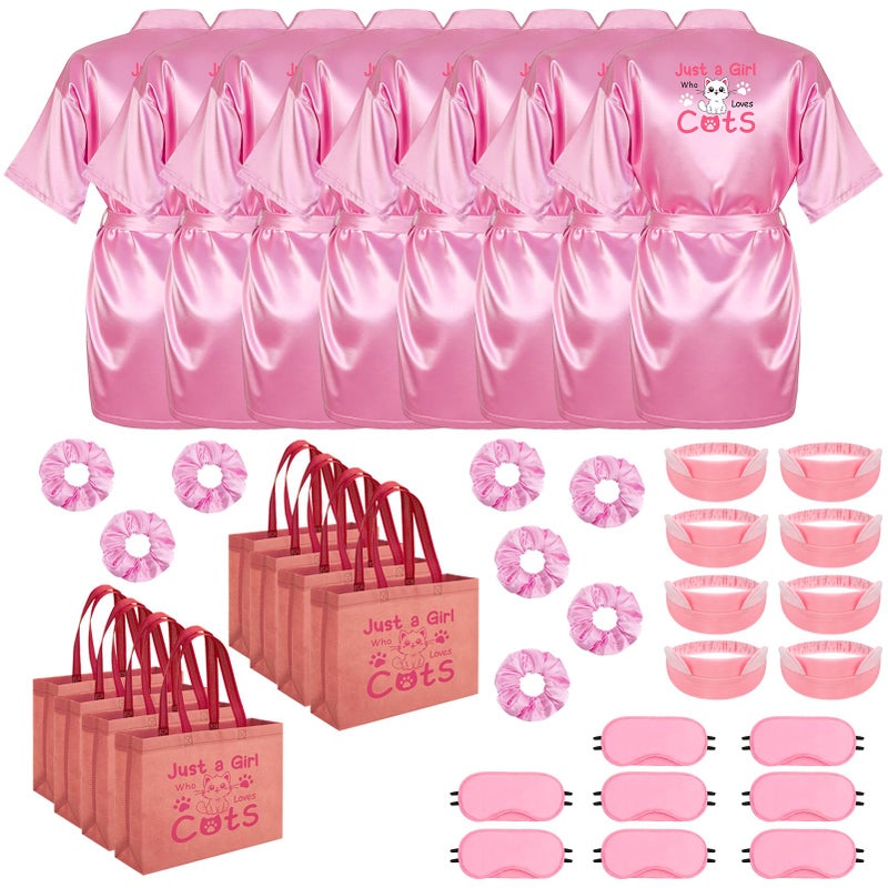 ZhouBoat Cats Lover Girls Spa Party Supplies, 8 Set Kids Pink Satin Robes, Plush Headbands, Tote Bags, Eye Masks Hair Scrunchies, Dress Up Birthday Party Favors Loves Cat Themed Celebration Decor - Image 1