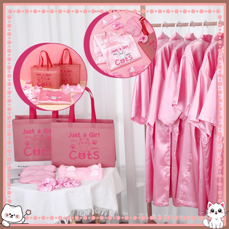 ZhouBoat Cats Lover Girls Spa Party Supplies, 8 Set Kids Pink Satin Robes, Plush Headbands, Tote Bags, Eye Masks Hair Scrunchies, Dress Up Birthday Party Favors Loves Cat Themed Celebration Decor - Image 5