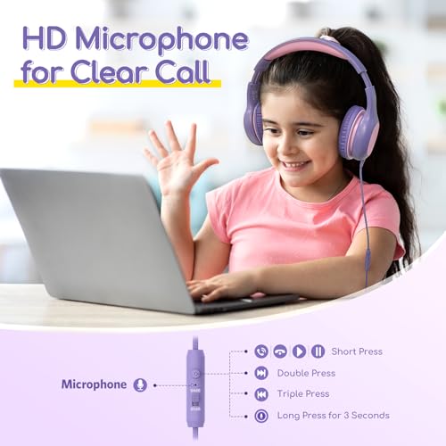 EarFun Kids Headphones Wired with Microphone, 85/94dB Volume Limit Headphones for Kids, Portable Wired Headphone with Shareport, Stereo Sound Foldable Headset for School/Tablet/iPad, Violet Pink - Image 2