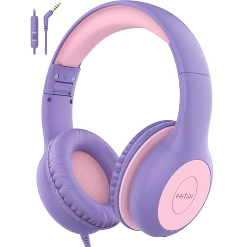 EarFun Kids Headphones Wired with Microphone, 85/94dB Volume Limit Headphones for Kids, Portable Wired Headphone with Shareport, Stereo Sound Foldable Headset for School/Tablet/iPad, Violet Pink - Image 1