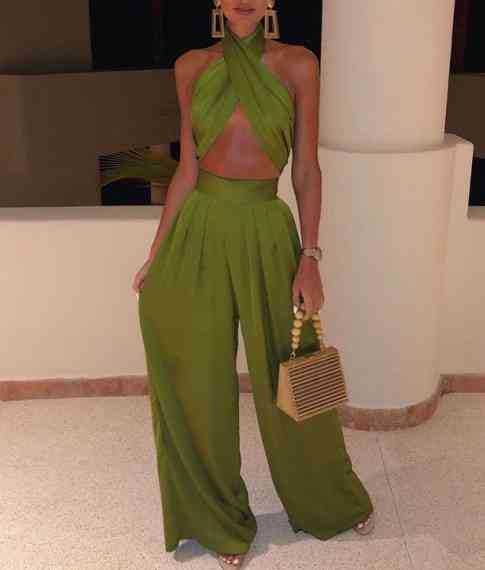 Fashion Solid Tube Top Palazzo Pant Set Grass  - Image 1