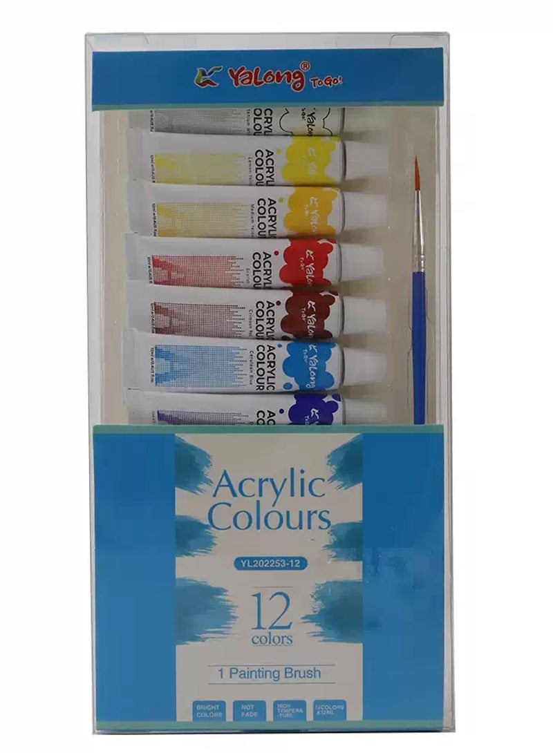 Yalong Artist Paint Acrylic Colors Tubes Set Non Toxic Vibrant Colors With 1 painting Brush- 12X12ml - Image 1