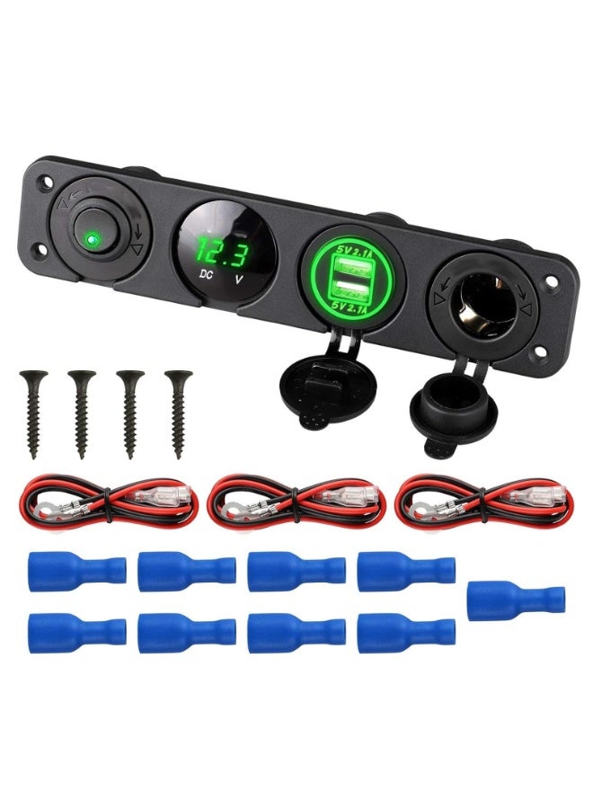4 in 1 Marine Switch Panel, 12V 4.2A Dual USB Charger Socket Power Outlet & LED Voltmeter & Cigarette Lighter Socket & LED Lighted ON Off Rocker Toggle Switch for Truck Car Marine Boat - Image 1