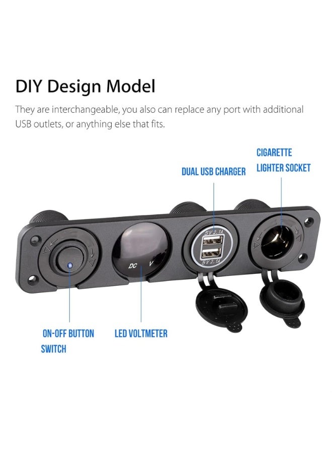 4 in 1 Marine Switch Panel, 12V 4.2A Dual USB Charger Socket Power Outlet & LED Voltmeter & Cigarette Lighter Socket & LED Lighted ON Off Rocker Toggle Switch for Truck Car Marine Boat - Image 3