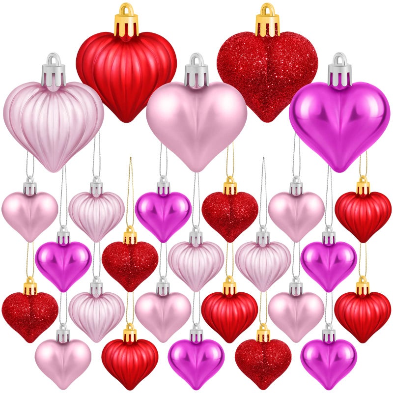 Elcoho 48 Heart Shaped Baubles Hanging Ornaments, Pink, Plastic, Valentine's Day, Christmas, New Year, Wedding, Anniversary - Image 1