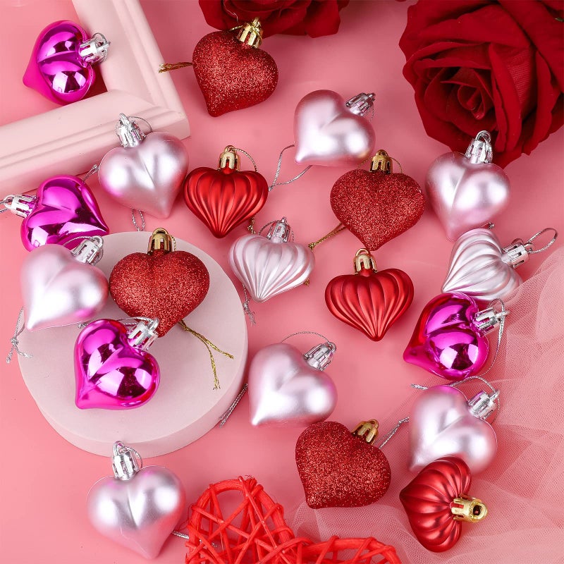 Elcoho 48 Heart Shaped Baubles Hanging Ornaments, Pink, Plastic, Valentine's Day, Christmas, New Year, Wedding, Anniversary - Image 3