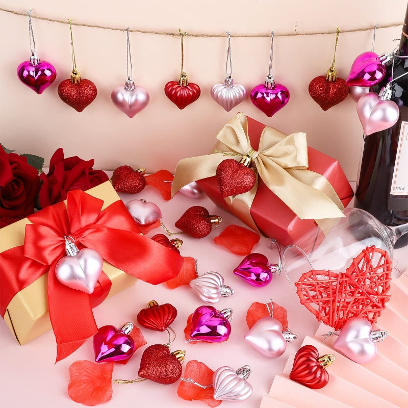 Elcoho 48 Heart Shaped Baubles Hanging Ornaments, Pink, Plastic, Valentine's Day, Christmas, New Year, Wedding, Anniversary - Image 4