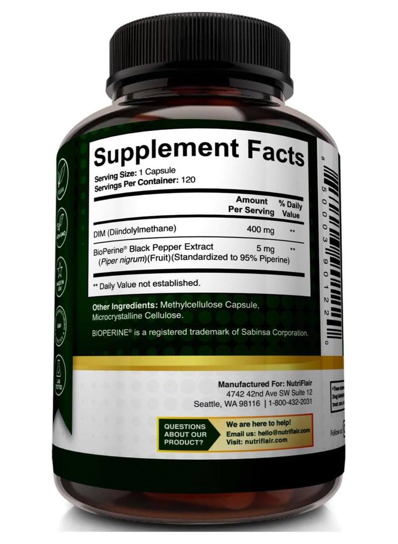 NutriFlair DIM Supplement 400mg with Bioperine, 120 Capsules - Image 3
