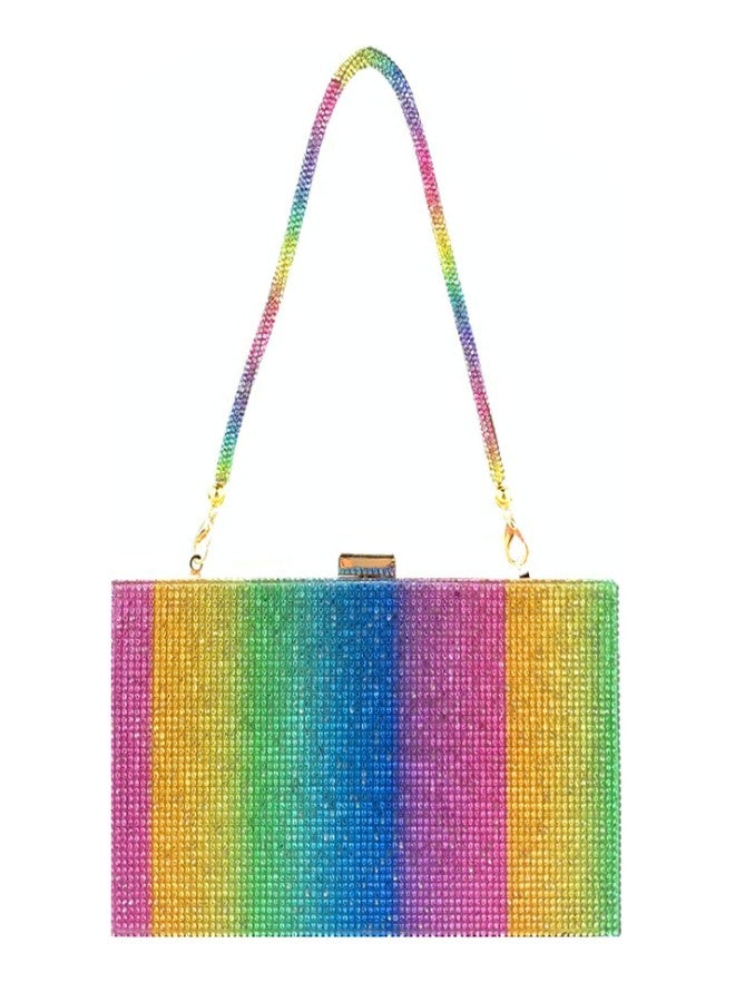Lobagve Van Caro Women Rainbow Evening Clutch Bag,Rhinestone Colorful Square Box Shoulder Handbag for Wedding Party Tote Purse,Big Rainbow - Image 1