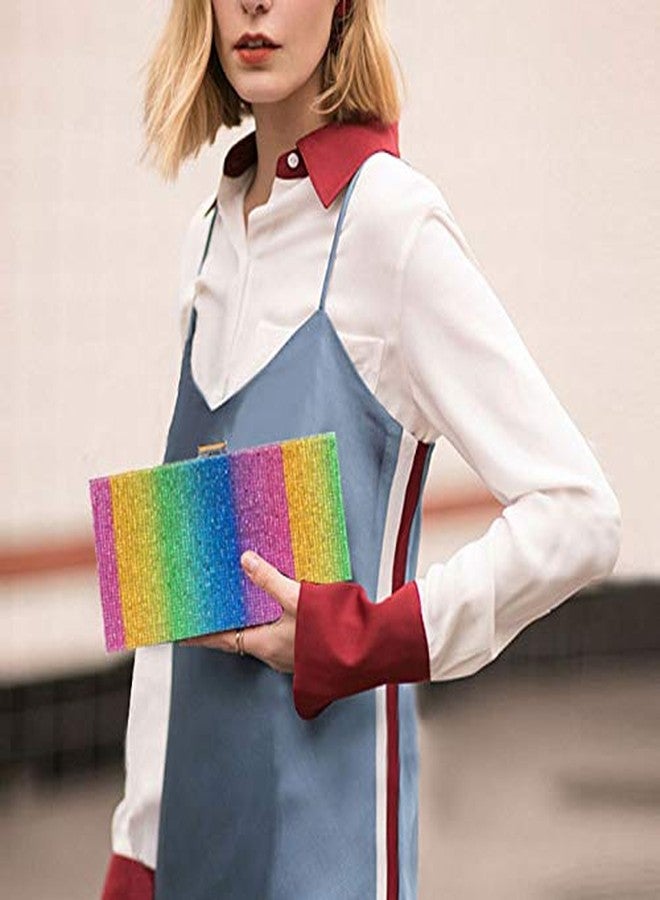Lobagve Van Caro Women Rainbow Evening Clutch Bag,Rhinestone Colorful Square Box Shoulder Handbag for Wedding Party Tote Purse,Big Rainbow - Image 3