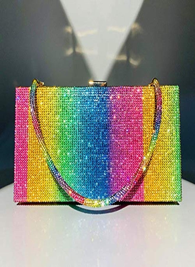 Lobagve Van Caro Women Rainbow Evening Clutch Bag,Rhinestone Colorful Square Box Shoulder Handbag for Wedding Party Tote Purse,Big Rainbow - Image 2