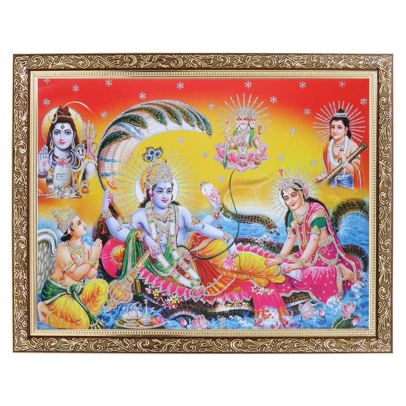 BM TRADERS Vishnu Lakshmi Silver Zari Art Work Photo In Copper Gold Artwork Frame Big 14 X 18 Inches - Image 1