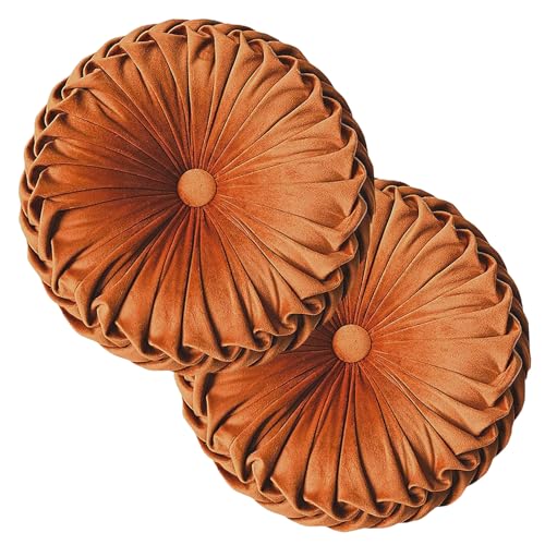 Teieas 2 Pcs Round Throw Pillows Decorative Pumpkin Velvet Boho Pleated Bed Pillows Back Support for Couch Chair Dorm Car 1496 Orange - Image 1