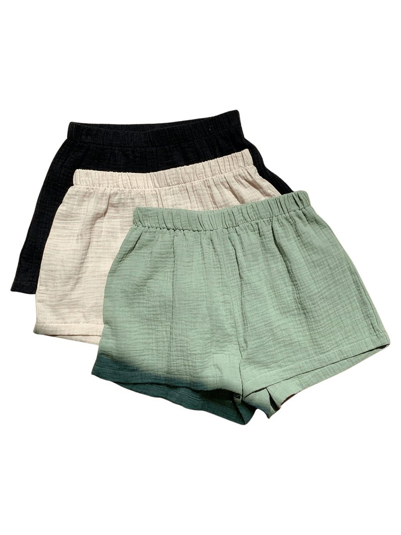 MakeMeChic Women's 3 Pack Linen Shorts Plaid Gingham Striped Summer Beach Boxer Shorts Black Beige Green Small - Image 1