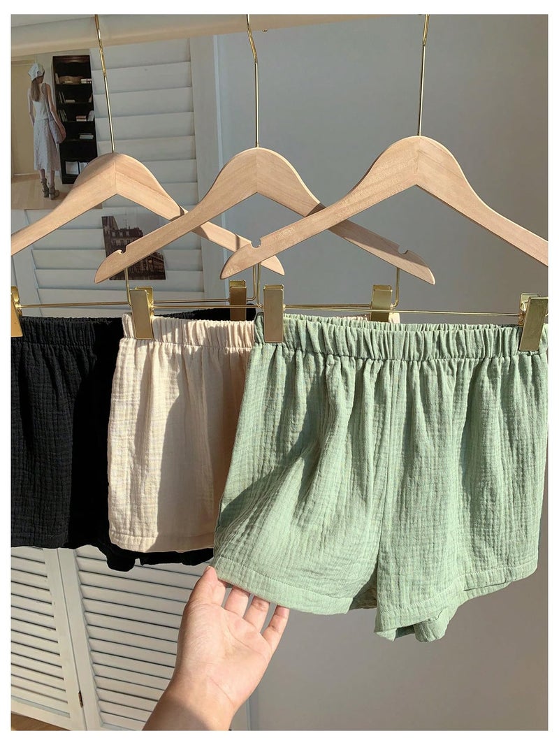 MakeMeChic Women's 3 Pack Linen Shorts Plaid Gingham Striped Summer Beach Boxer Shorts Black Beige Green Small - Image 5