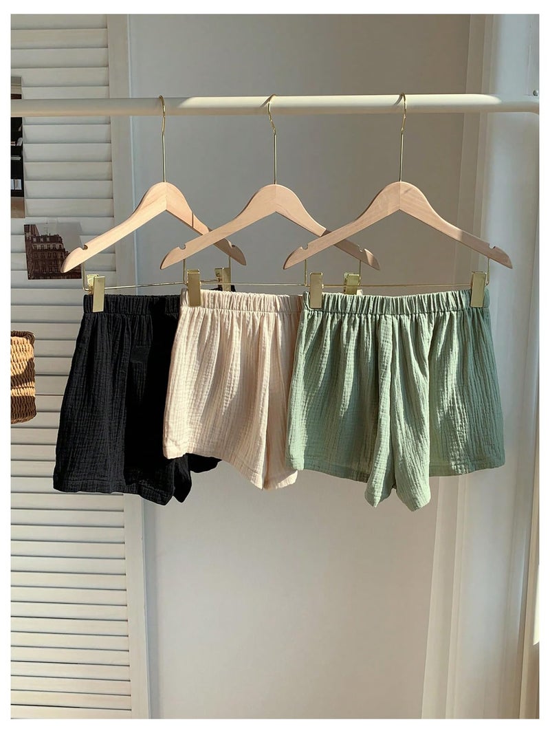 MakeMeChic Women's 3 Pack Linen Shorts Plaid Gingham Striped Summer Beach Boxer Shorts Black Beige Green Small - Image 4