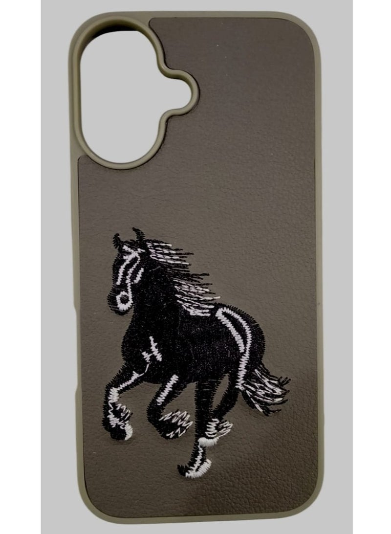 كيس جراب هاتف مضاد للصدمات بتصميم تطريز حصان لهاتف آيفون 16 بلس باللون رمادي داكن - Image 1