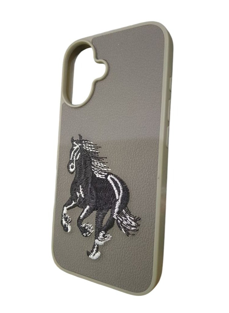 كيس جراب هاتف مضاد للصدمات بتصميم تطريز حصان لهاتف آيفون 16 بلس باللون رمادي داكن - Image 2