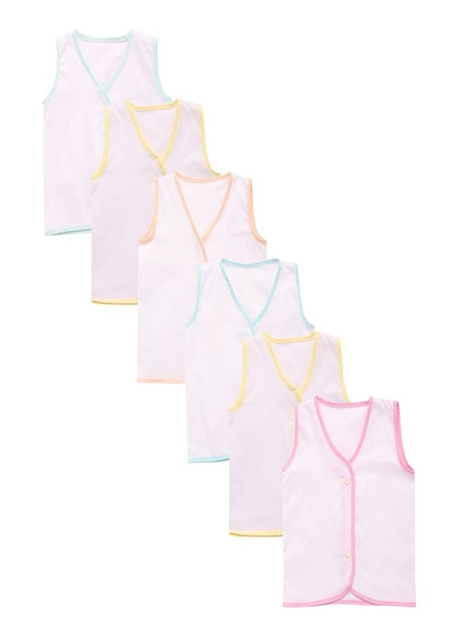 CLAP Soft Premium Front Button Sleevless Cotton Jhabla for New Born Baby Combo Set of 6 (0-6 Months) White - Image 1