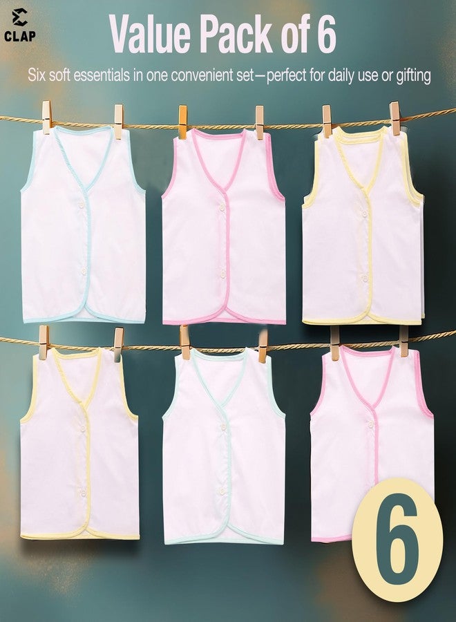 CLAP Soft Premium Front Button Sleevless Cotton Jhabla for New Born Baby Combo Set of 6 (0-6 Months) White - Image 5