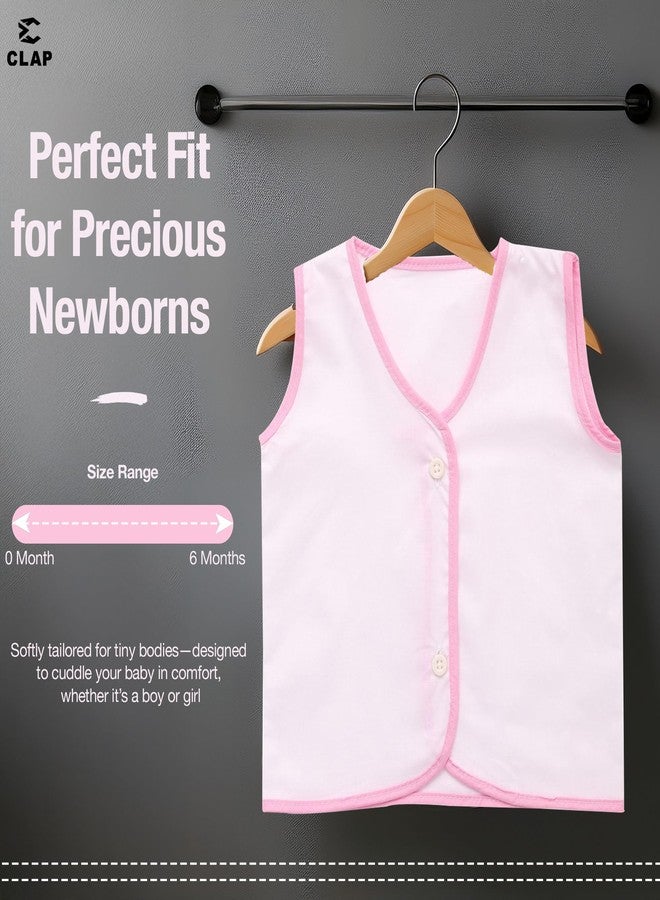 CLAP Soft Premium Front Button Sleevless Cotton Jhabla for New Born Baby Combo Set of 6 (0-6 Months) White - Image 3